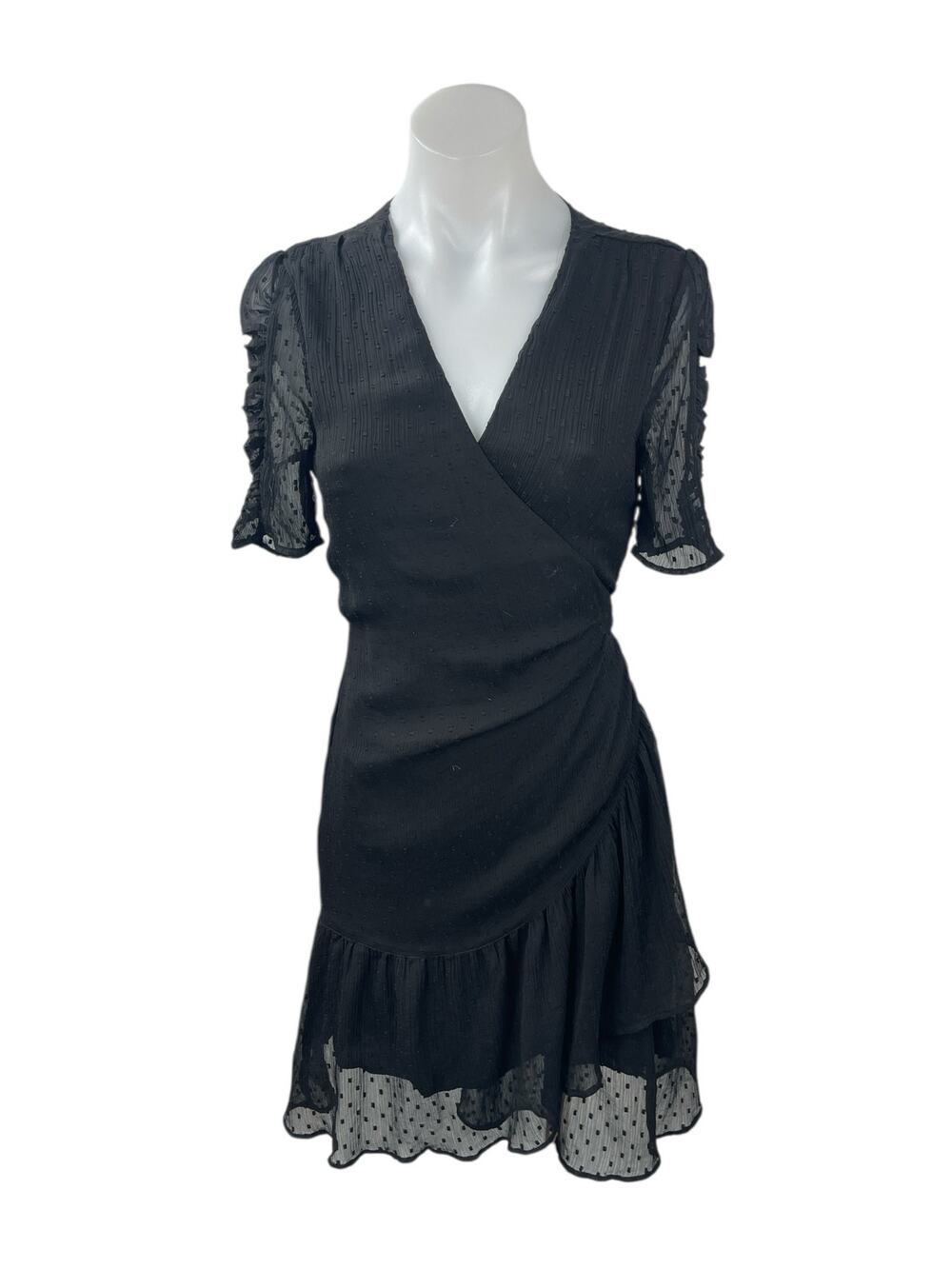 AllSaints Sienna Clip Dot Black Mesh Tulle Ruffle Puff Sleeve Mini Wrap Dress 6